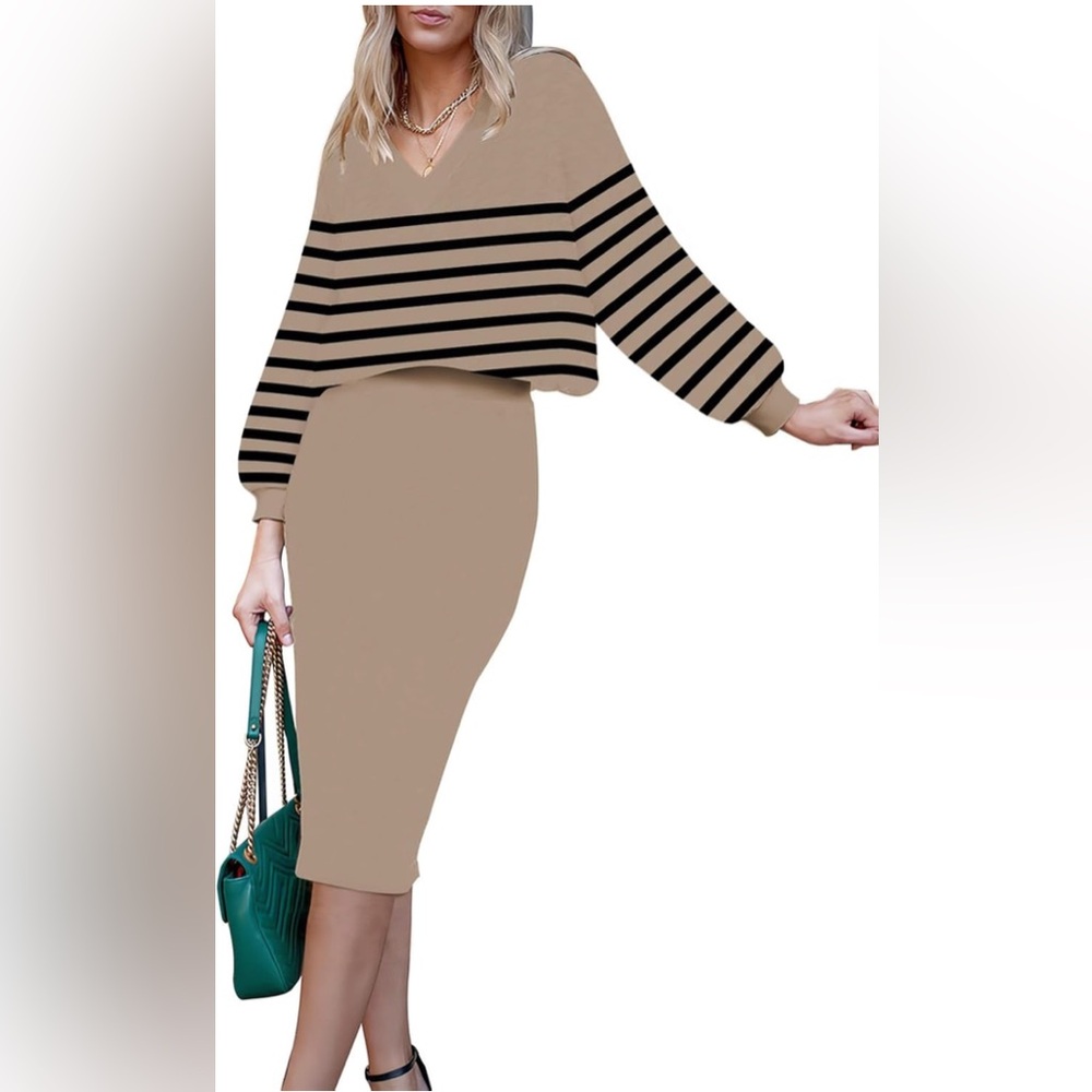 Pink Queen Women's 2 Piece Outfits Set Knit V Neck Batwing Long Sleeve Loose Top